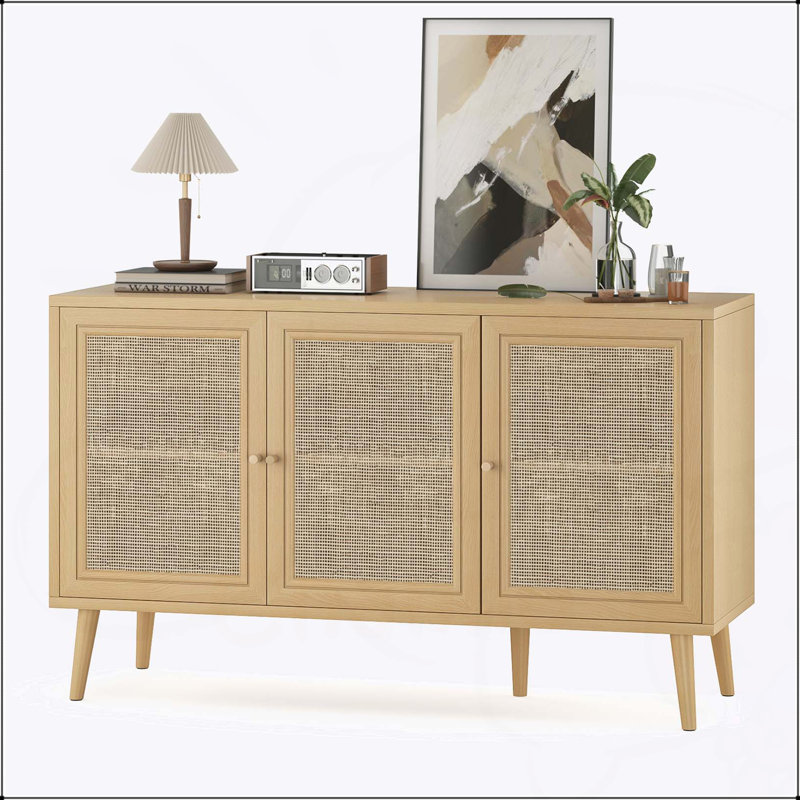Buffet en rotin naturel avec 3 portes et rangement spacieux pour les cuisines et les vestibules modernes, Gris naturel