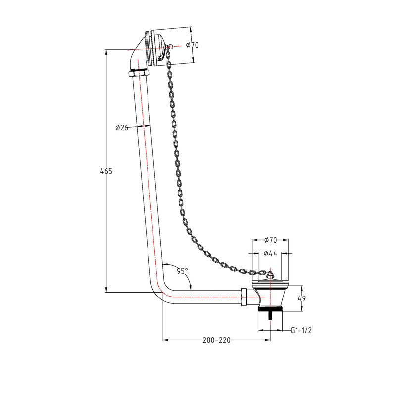 Creamer 4.9cm Chain and Stopper Waste Bath Waste With Overflow