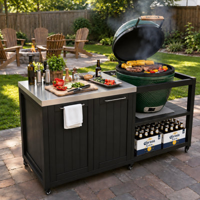 Chariot de fumage extérieur pour grils de style Kamado avec plateau de préparation en acier inoxydable 304 et armoire de rangement