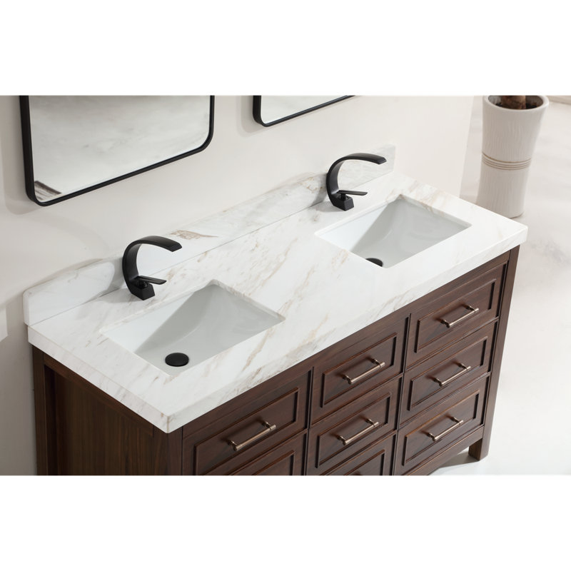 60" EBONY DOUBLE SINK VANITY DARK FINISH WITH WK-60D TOP 2" THICK WHITE NATURAL TOP, Brown, White
