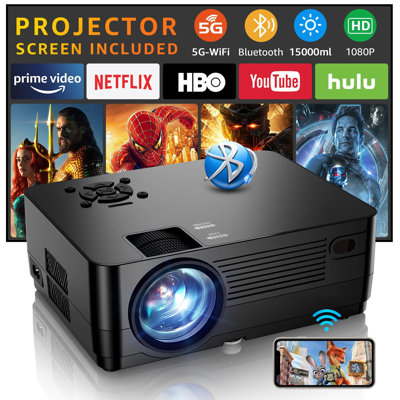 Projector With 5G Wifi And Bluetooth, Native 1080P Projector[Projector Screen Included], Full HD 18000LM Movie Projector, 300"" Display Support 4K Home -  BEACHWATER POOL & SPA, LLC, B0D2DD71SD