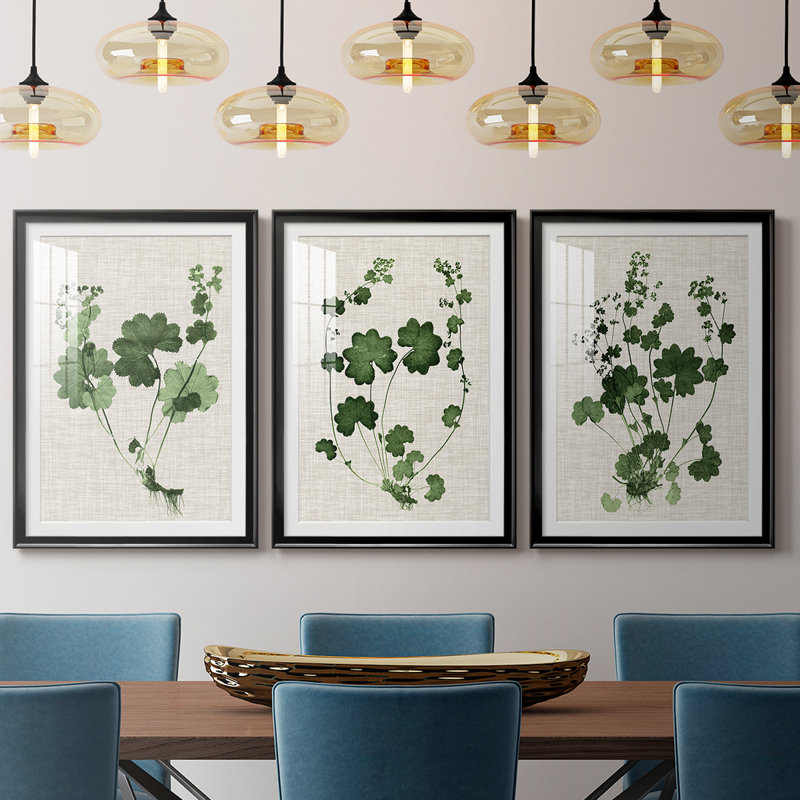 «Forest Foliage on Linen I», reproduction encadrée sur mesure de qualité supérieure - 3 pièces, H 21 po x l 30 po, Noir