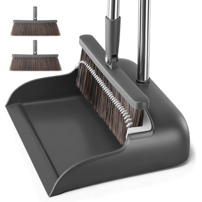 JOYBOS Broom and Dustpan Set, Extra Brush Head & 51.6" Adjustable Long Handle Standing Dustpan Set, with Comb Teeth for Removing Pet Hair