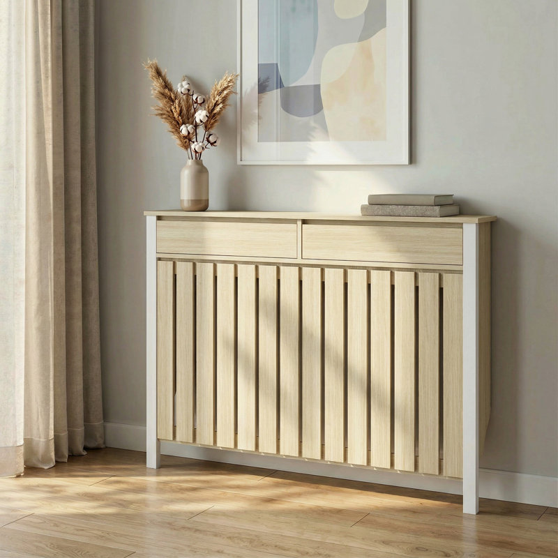Radiator Large Radiator Cover with Drawers and Vertical Slats Oak