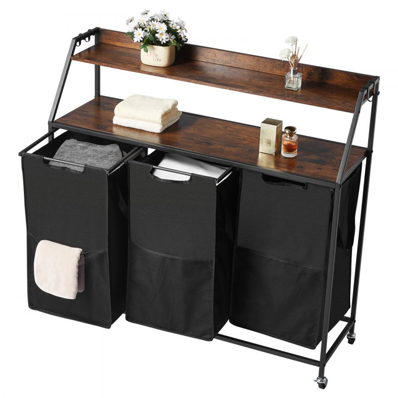 2 Tiers Laundry Sorter, Tall Laundry Hamper with Metal Frame and Wooden Tabletop, 3 Section Rolling Basket Organizer Storage with Ladder Shelves and 600D Oxford Cloth Bags for Dirty Clothes