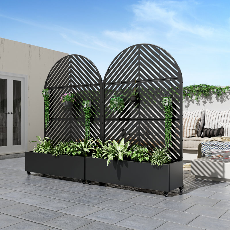 Arch Metal Planter Box with Trellis with Wheels, 72" H x 47" W x 16" D