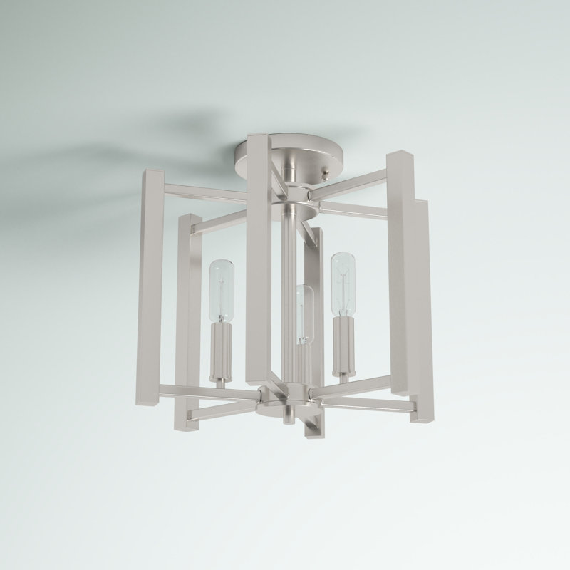 Claude 3 - Light 13'' Caged Geometric Semi Flush Mount in Satin Nickel, Satin Nickel