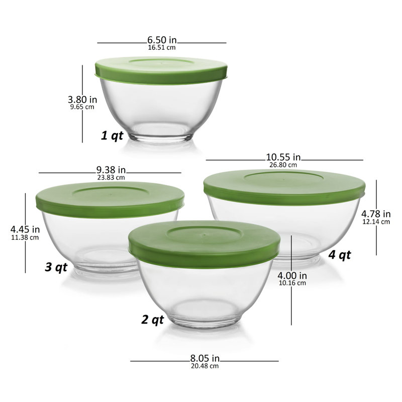 Libbey 4-Piece Clear Glass Mixing Bowl Set with Green Lids