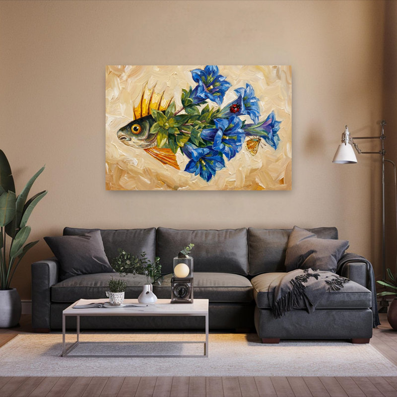 Reproduction d'art mural fantaisiste, poisson, coloré, élégant, surréel, papillon, coccinelle, fleur, nature, 40" H x 60" W