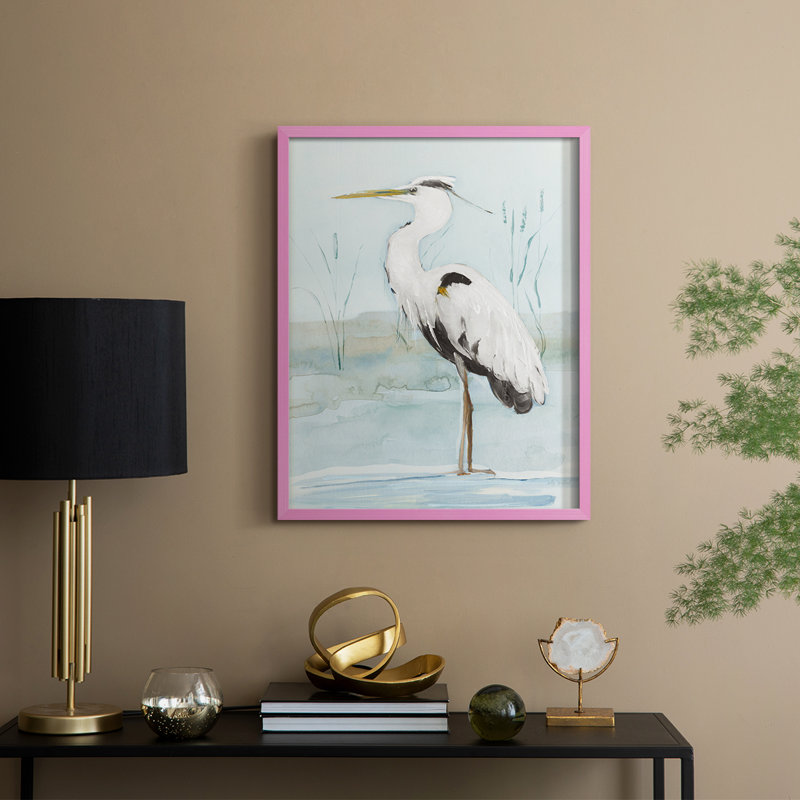 Heron on Blue II, reproduction encadrée - bois massif, Rose, H 21 po x l 17 po