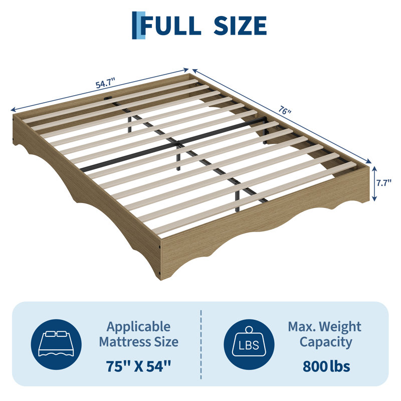 Structure de lit plateforme double en bois, lit bas sans tête de lit Wave Design, sans bruit, naturel, Full / Double, Tan
