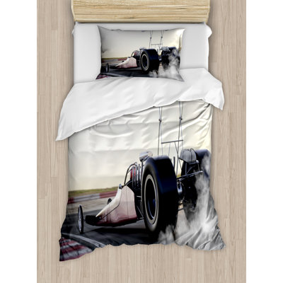 Ambesonne Cars Duvet Cover Set, Dragster Racign down Track, Twin, Grey Black White -  nev_46050_twin