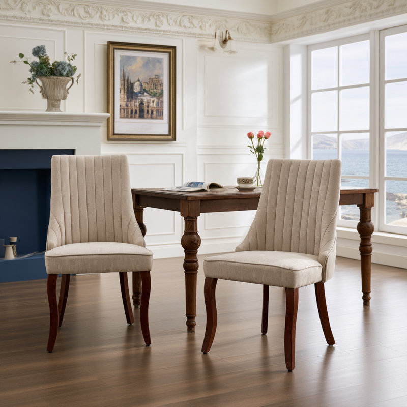 Chaise de salle à manger rembourrée haut de gamme à dossier haut avec pieds en bois massif (lot de 2), Velvet, Beige
