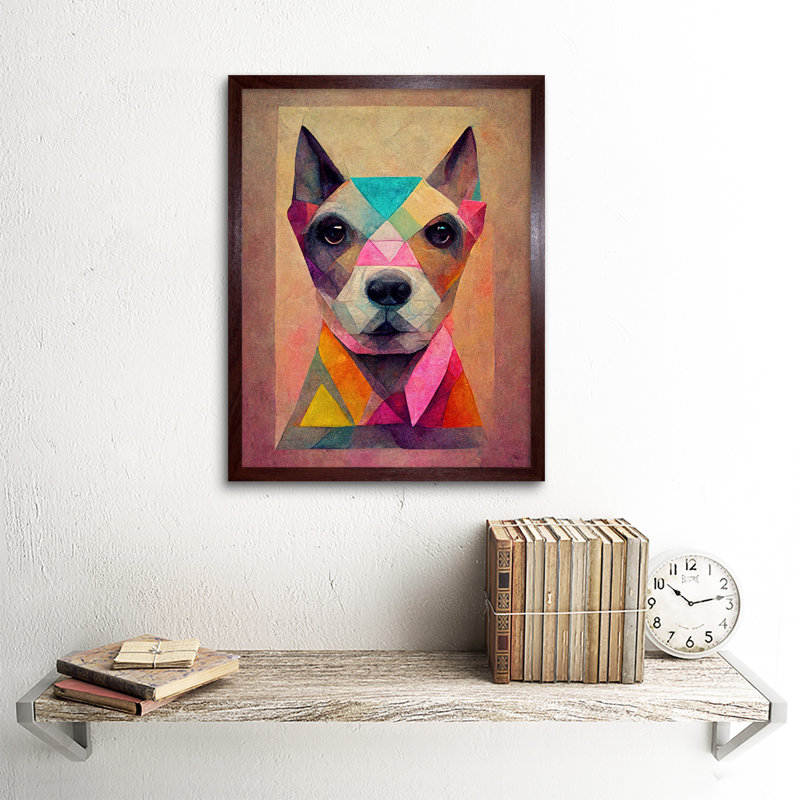Geometric Colourful Multicoloured Pastel Dog - Single Picture Frame Print, Brown Framed Unframed, 43cm H x 33cm W x 2cm D