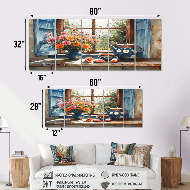 «Blue Fashion And Farmhouse Pottery Table I - Boho Pottery», ensemble de reproduction d'art mural, H 32 po x l 80 po