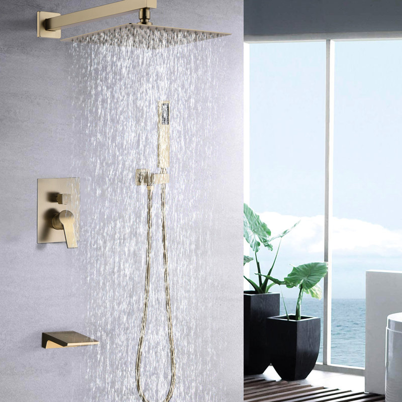 Brushed Gold 10Inch Shower, Wall Mounted, Ceramic Disc, Balanced, Rainfall Structure Gold, Balanced Kit, Brushed Gold