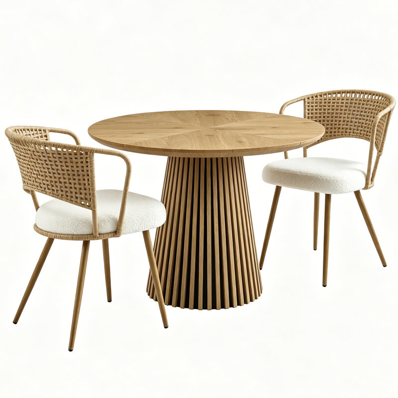 Ensemble table et chaises de salle à manger rondes en bois de 79 cm (31 pouces) avec 2 chaises en osier, mobilier de cuisine moderne, piètement à lattes, marron