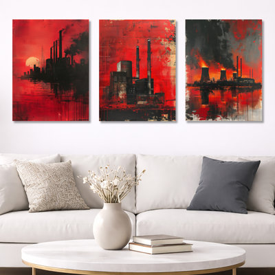 Red Black Industrial Polution Power Plant I – Contemporary 3 Panel Metal Wall Art Print