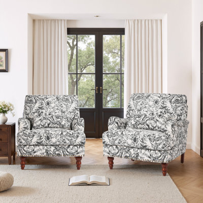 Upholstered Rococo Black Nailhead Trim Accent Chair with Throw Pillow and Solid Wood Legs (Set of 2)