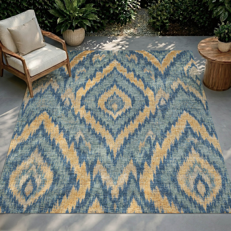 Tapis Ceajay ACN3071 Ikat lavable à la machine pour intérieur/extérieur, Baltique, 8 pi x 10 pi