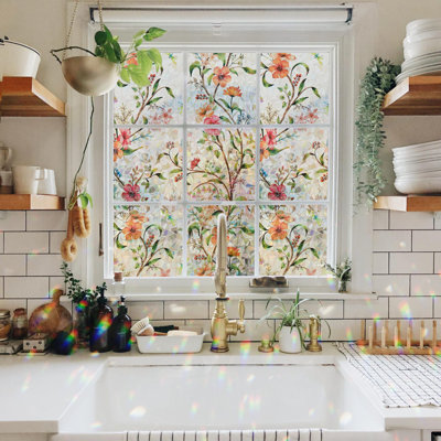 Window Privacy Film, Stained Glass, Static Cling, 29.5" x 78.7" | No glue design: installs with water, no residue. Blocks UV rays, reduces heat. Rainbow privacy for windows, doors, baths.