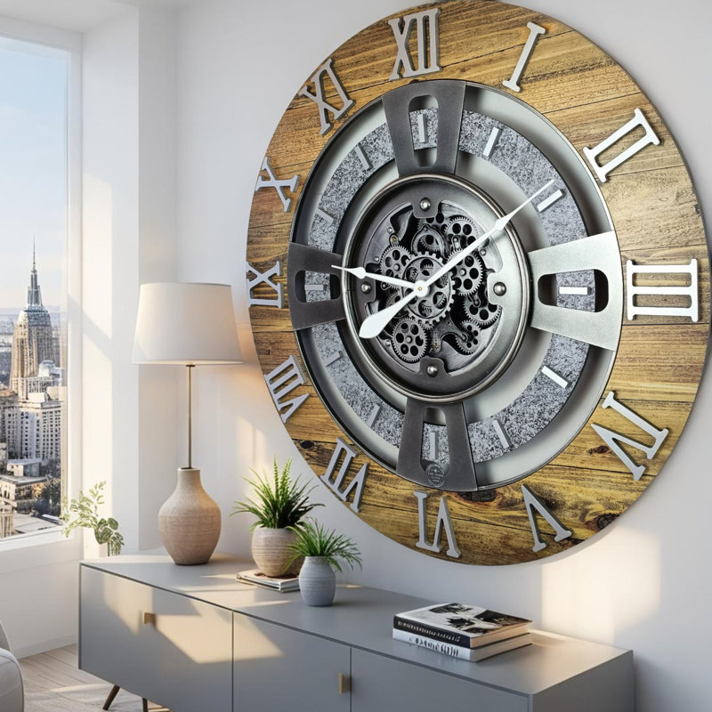 Wall Clock 36" Oversized for Living Room decor with Real Moving Gears England Collection, Wood Stone