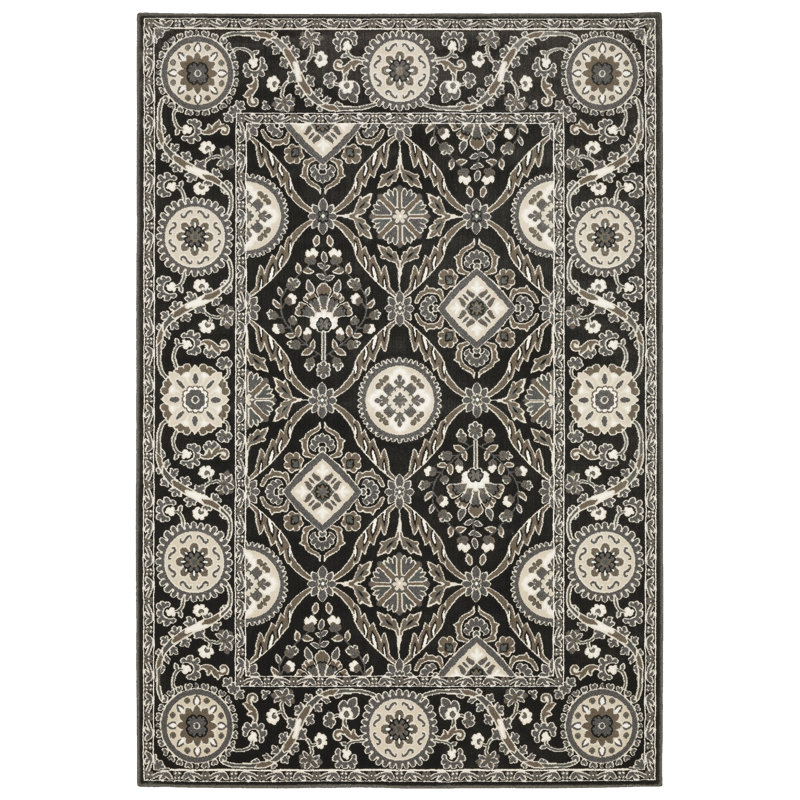 Tapis oriental en polyester / polypropylène tissé à la machine rectangulaire noir / gris Ederle