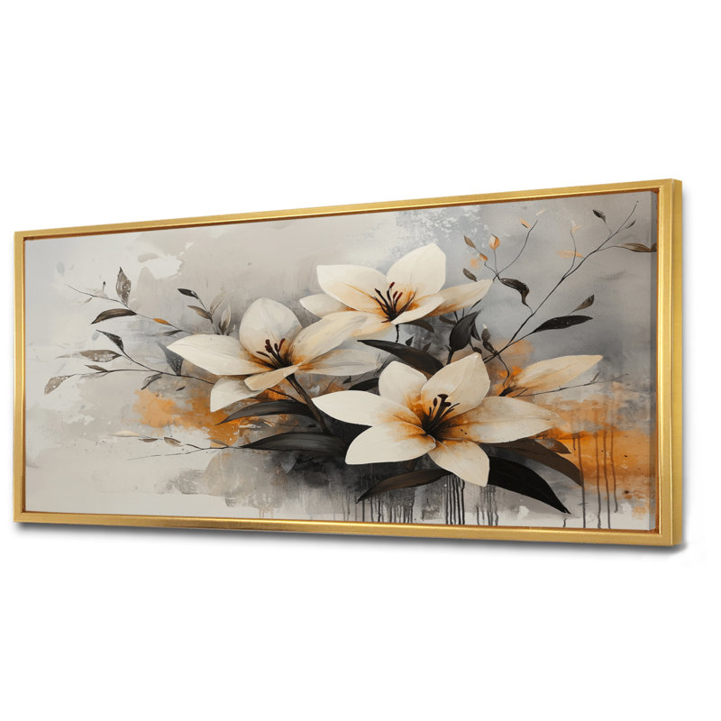 «White Lilies II», art mural blanc, H 28 po x l 60 po, Impression encadrée flottante, Doré