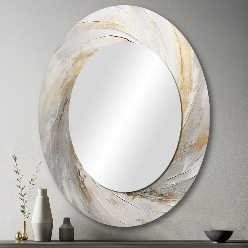 Gold And White Soft Wave Vortex V - Large Oval Wall Mirror On Metal, 43" x 33"
