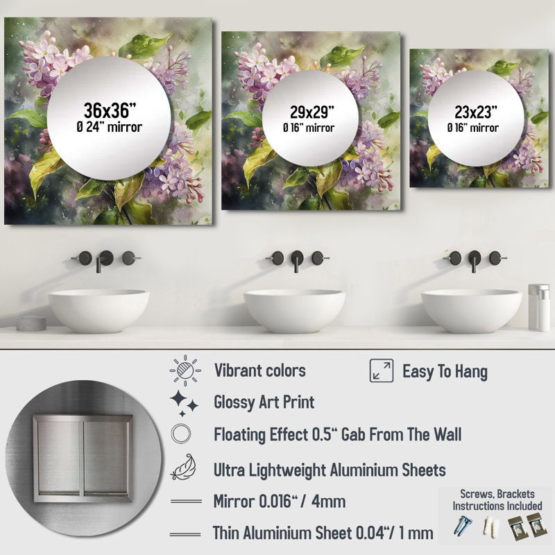 Erwyn - Miroir carré floral lilas décoratif pour chambre, 36 po x 36 po