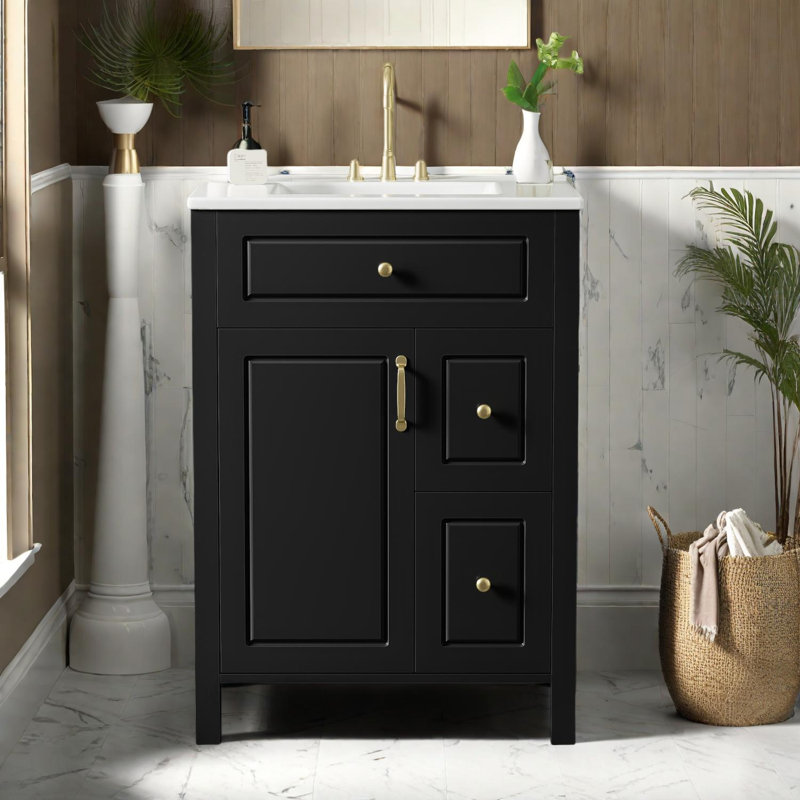 24-Inch Bathroom Vanity with Ceramic Sink and Soft Close Storage Features, Black