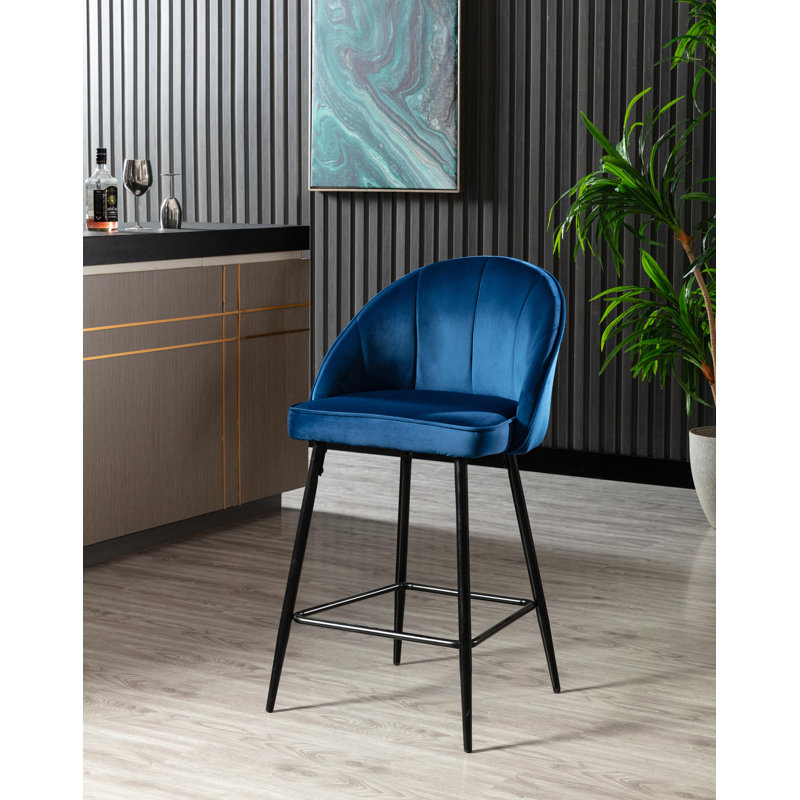 Upholstered Counter Stool with Metal Frame, Blue