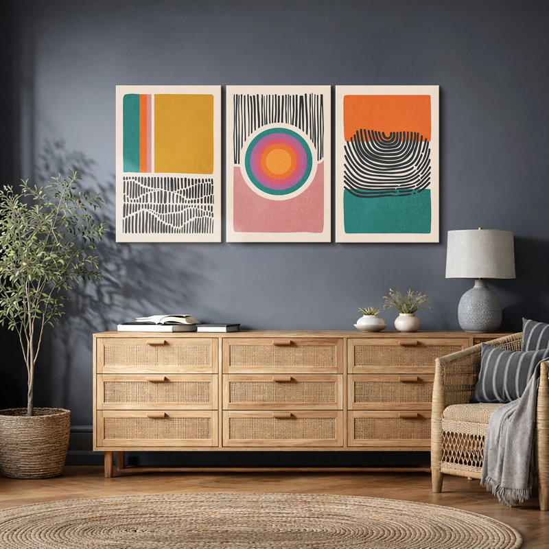«Abstract Vibrant Color Blocks Mid-Century Multicolor Color Block Shape Abstract Geometric», ensemble de 3 impressions sur toile flottante