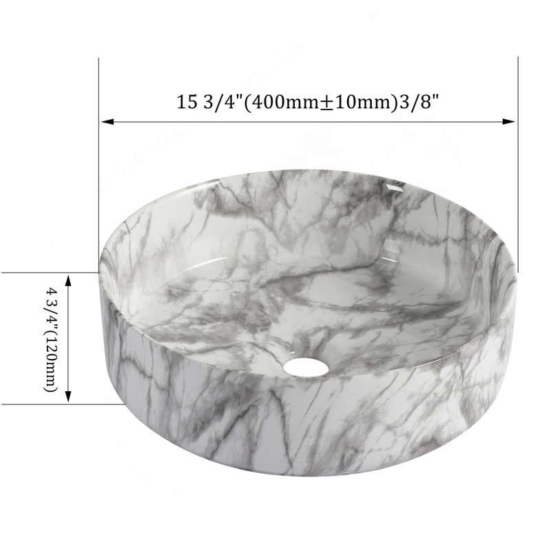 Lavabo de salle de bain rond en céramique sur fond blanc avec motifs gris, Blanc + gris