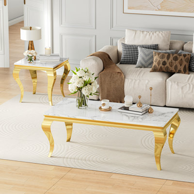 Jairden Living Room Set, S-Shaped Polished Stainless Steel Legs And Faux Marble Tabletop, One Coffee Table And End Tables