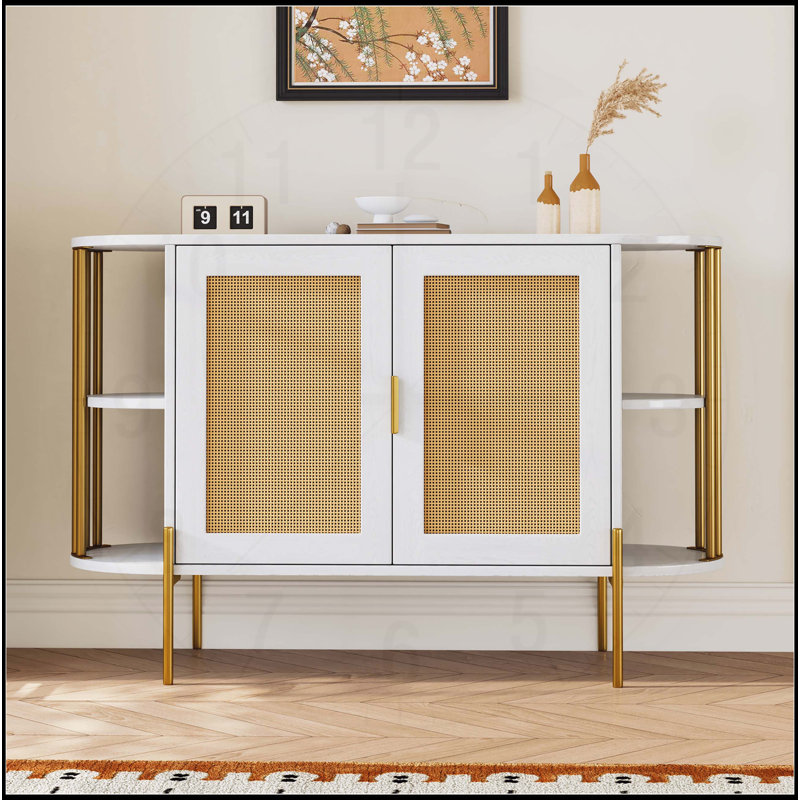 Élégante armoire de salle à manger courbée avec bordure dorée et portes en rotin tissé, Blanc