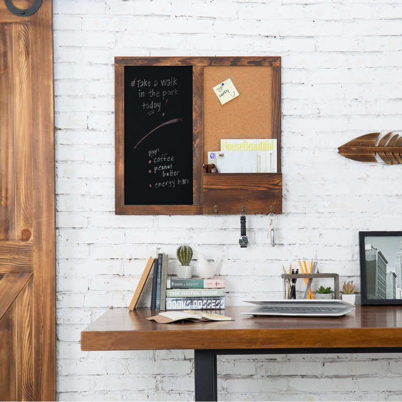 Entryway Wall Organiser with Key Hooks/Mail Storage/Chalkboard/Corkboard, Brown