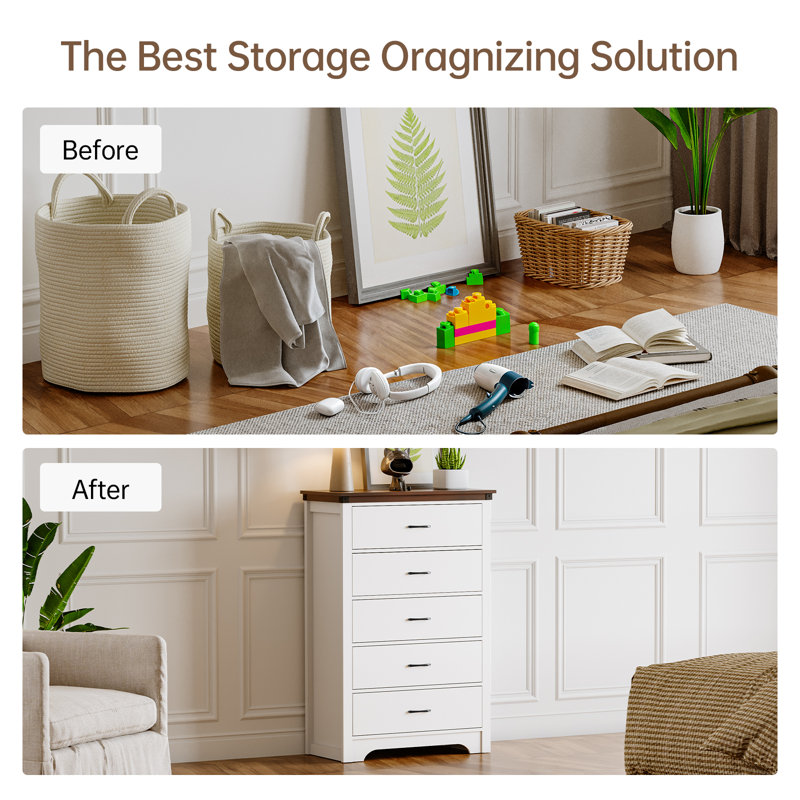 47" Tall 5 Drawer Dresser，Wood White Dresser with Deep Drawers, Storage Dressers Organizer for Bedroom, Living Room（White）