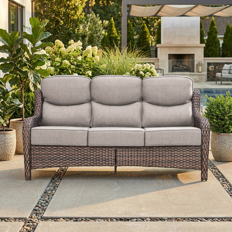 Meriline 75" Wide Straight Outdoor Wicker Patio Sofa With 6" Thick Cushions, Beige, Brown