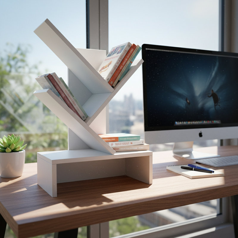 Modern Tree Bookshelf Standing Desktop Display Storage Bookshelves with Drawer, White