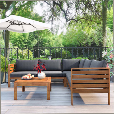 Ensemble de canapé d'extérieur à structure en bois avec coussins gris Design exotique résistant à l'eau et à la protection contre les rayons UV
