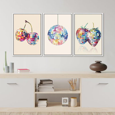 Colorful Disco Fruit Series Shiny Cherry Ball And Strawberry Modern Pictures Framed Canvas Print
