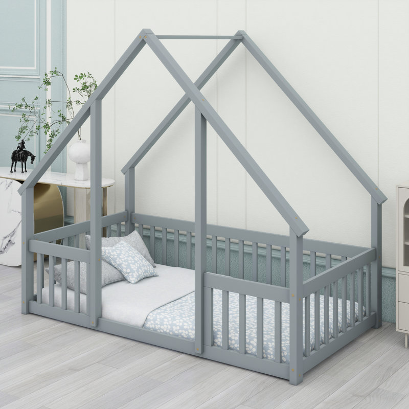 Playhouse Style Floor Bed with Protective Fence and Safety Guardrails, Grey