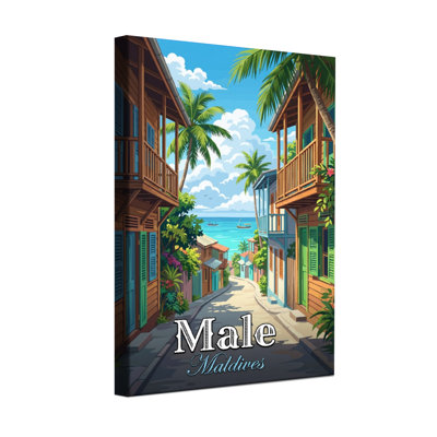 Scène de rue tropicale avec palmiers et vue sur l'océan