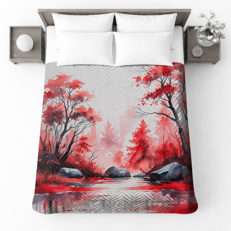 Red Autumn Forest Quilted Bedspread All Sizes, Twin