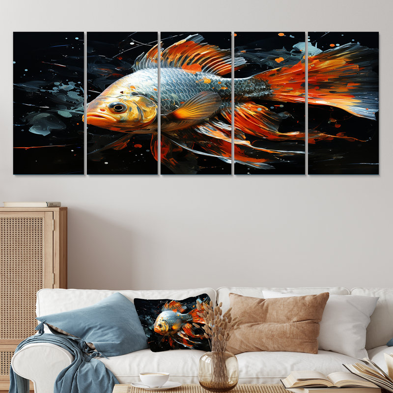 «Orange Butterfly Fish Ocean Dance I», ensemble d'art mural 5 pièces, H 28 po x l 60 po