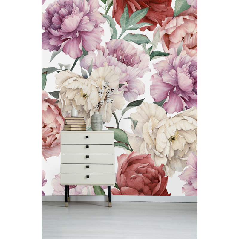 Murale 4 pièces Knightstown Peony, Blanc, L 8,33 pi x l 100 po