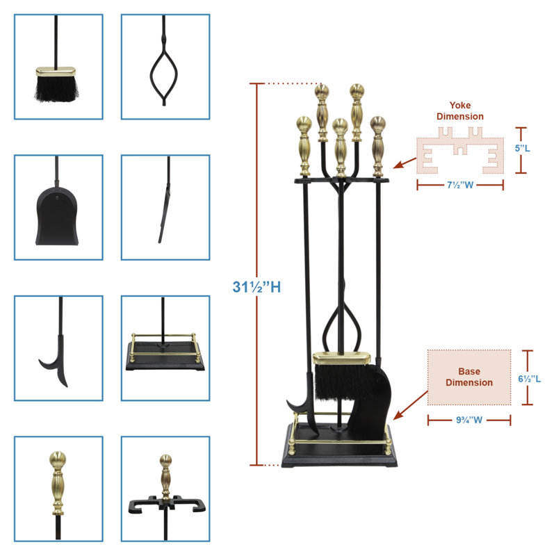 Ensemble d'outils de foyer en fer Verrett, H 30,50 po x l 6,75 po x P 9,75 po, Laiton poli / noir