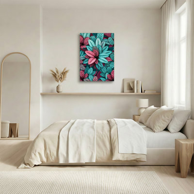 Art mural sur toile rose et bleu sarcelle à motif de feuilles tropicales