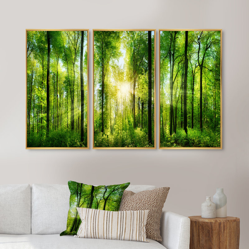Forêt avec rayons de soleil, ensemble de 3 toiles encadrées, H 20 po x l 36 po x P 1 po, Encadrement doré